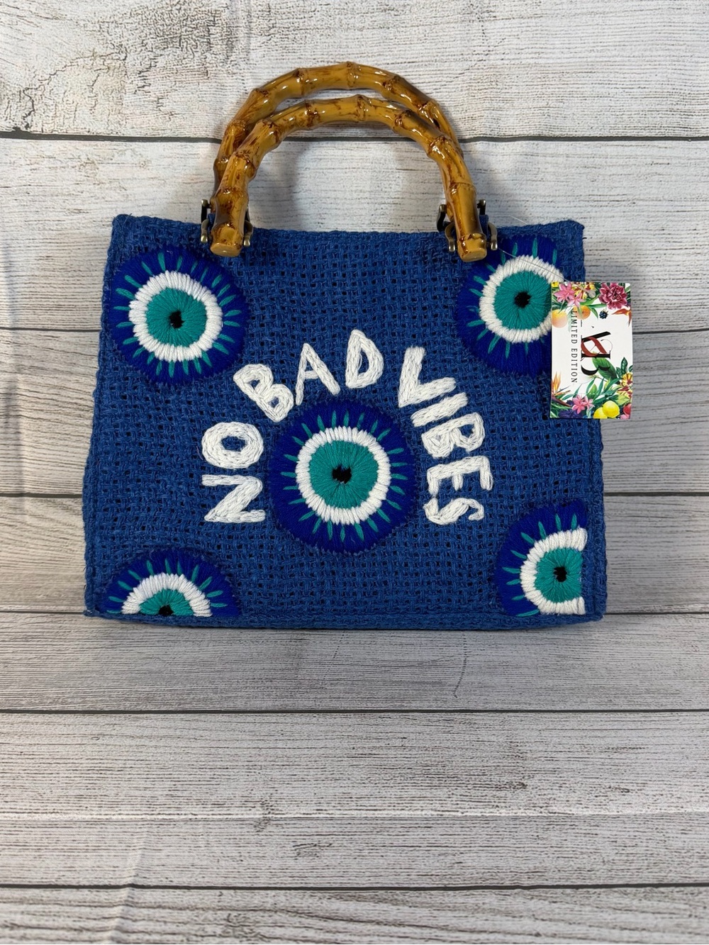 No Bad Vibes Evil Eye Embroidered Woven Handbag Bamboo Handles Crossbody NWT $89